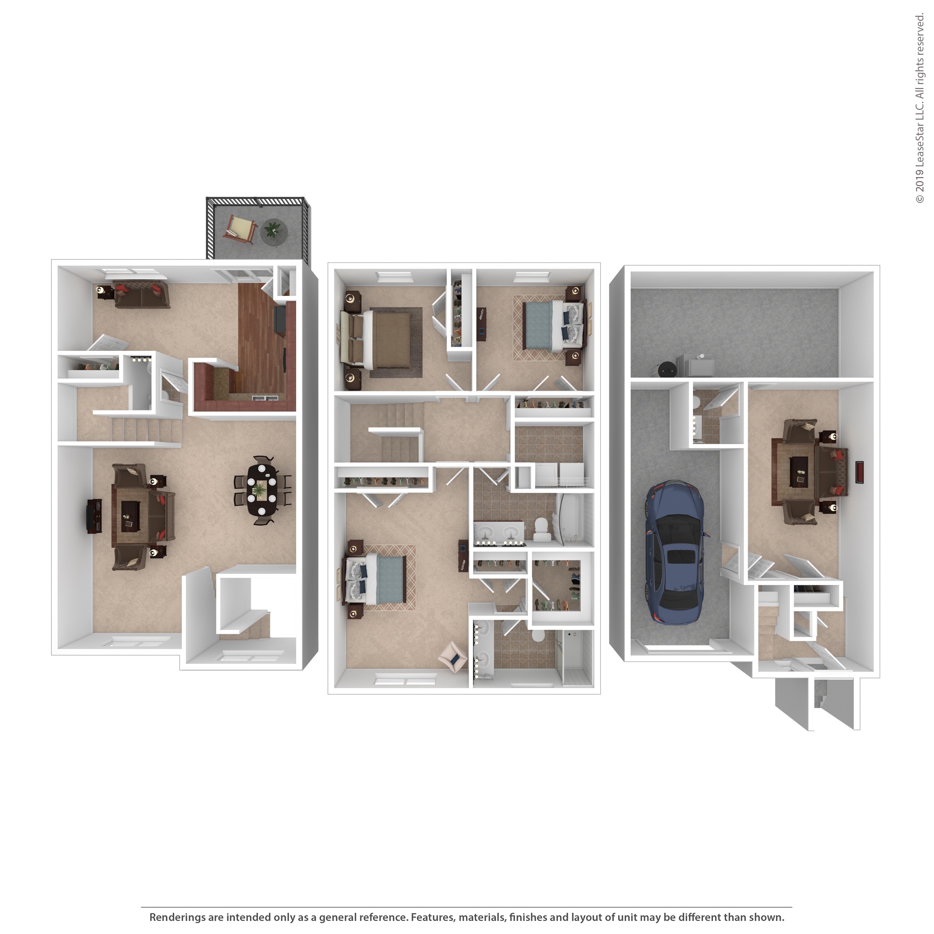 A floor plan of a house with three bedrooms